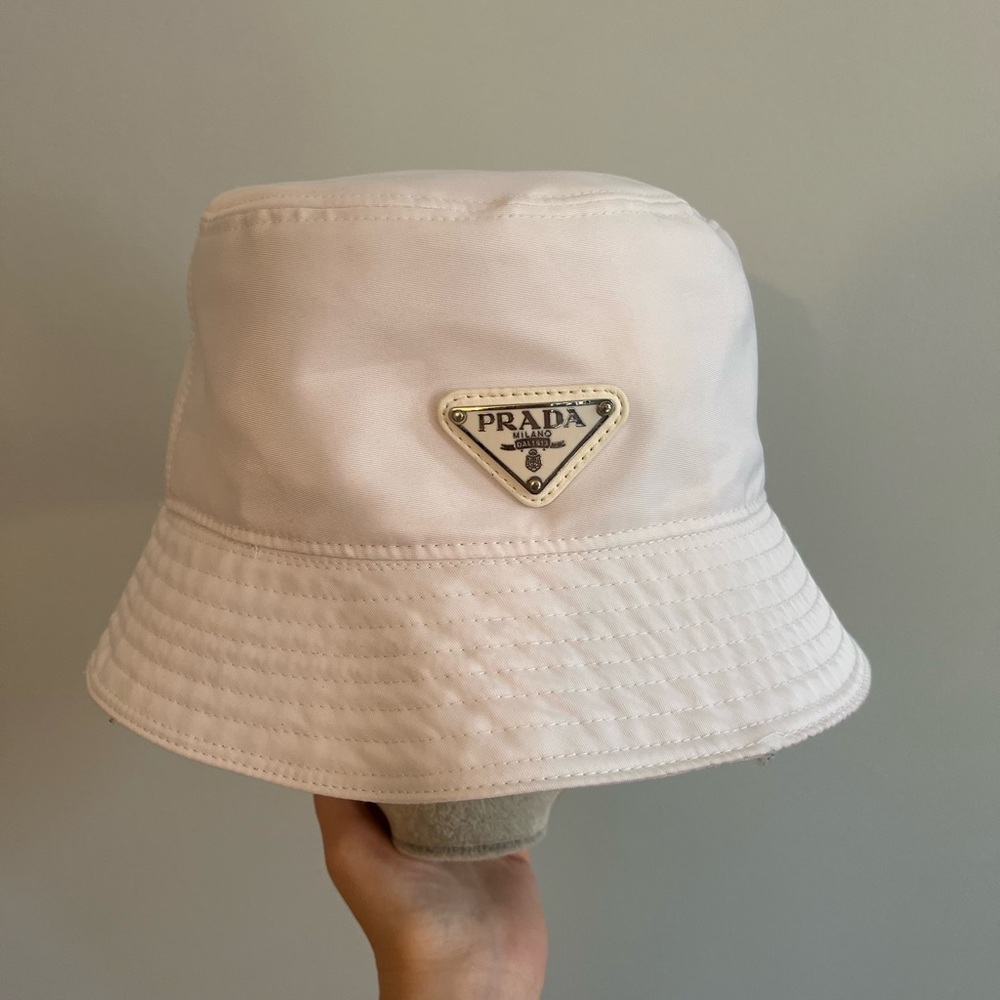 Prada White Logo Triangle Bucket Hat